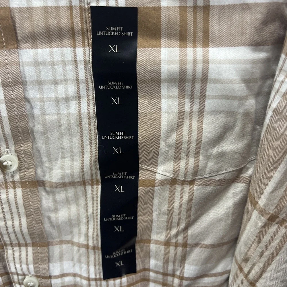 NWT Banana Republic Men's SLIM Untucked Fit Button Down Brown Plaid Shirt XL $70